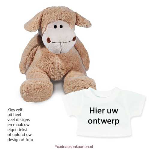 Knuffel schaap met eigen ontwerp op T-shirt cadeausenkaarten.nl