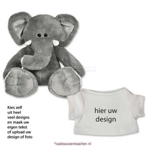 knuffel olifant grijs met eigen ontwerp op T-shirt cadeausenkaarten.nl