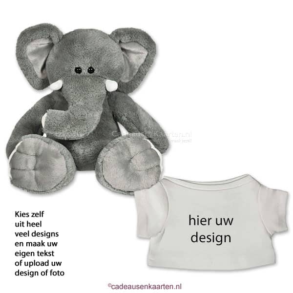 knuffel olifant grijs met eigen ontwerp op T-shirt cadeausenkaarten.nl